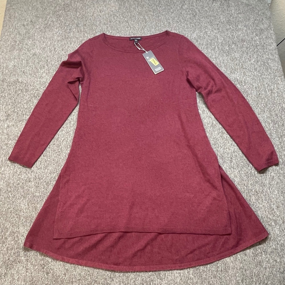 Eileen Fisher Merino Wool Tencel Tunic Sweater Burgundy Small F5ITL-W2533M NWT